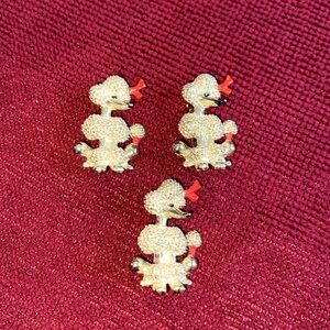 Vintage French poodle, brooch, gold tone, red enamel ribbon